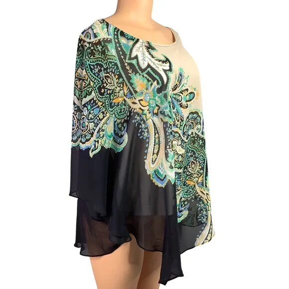 Dana Buchman Paisley Asymmetrical Top XXL Lightweight Chiffon Blouse Boho Plus - Picture 3 of 8